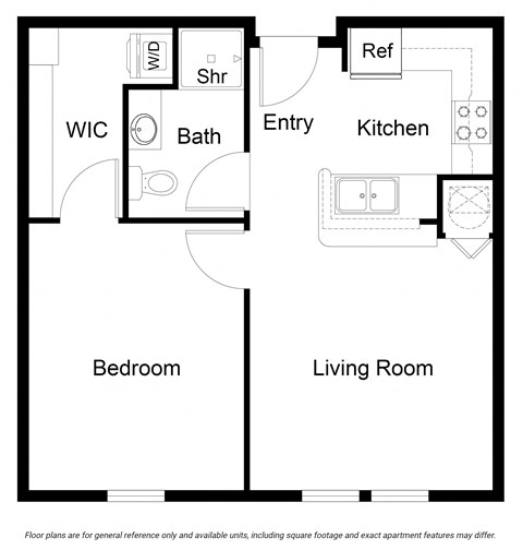 Floor plan for 1 bed, 1 bath, 572 sqft